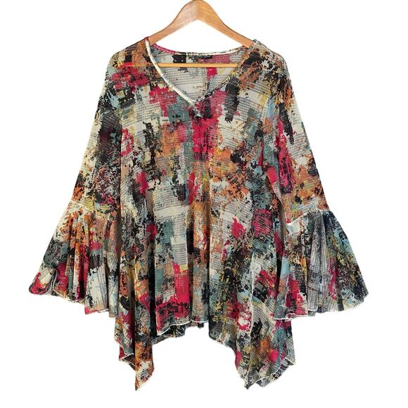 Dor Dor Couture Tops - Dor Dor Couture Shirt Women XL Abstract Print Mesh Bell Sleeve Asymmetric Hem